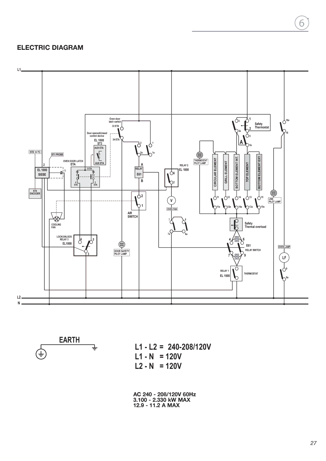 Fisher & Paykel OB24SDPX installation instructions Electric Diagram, AC 240 208/120V 60Hz 100 2.330 kW MAX 12.9 11.2 a MAX 