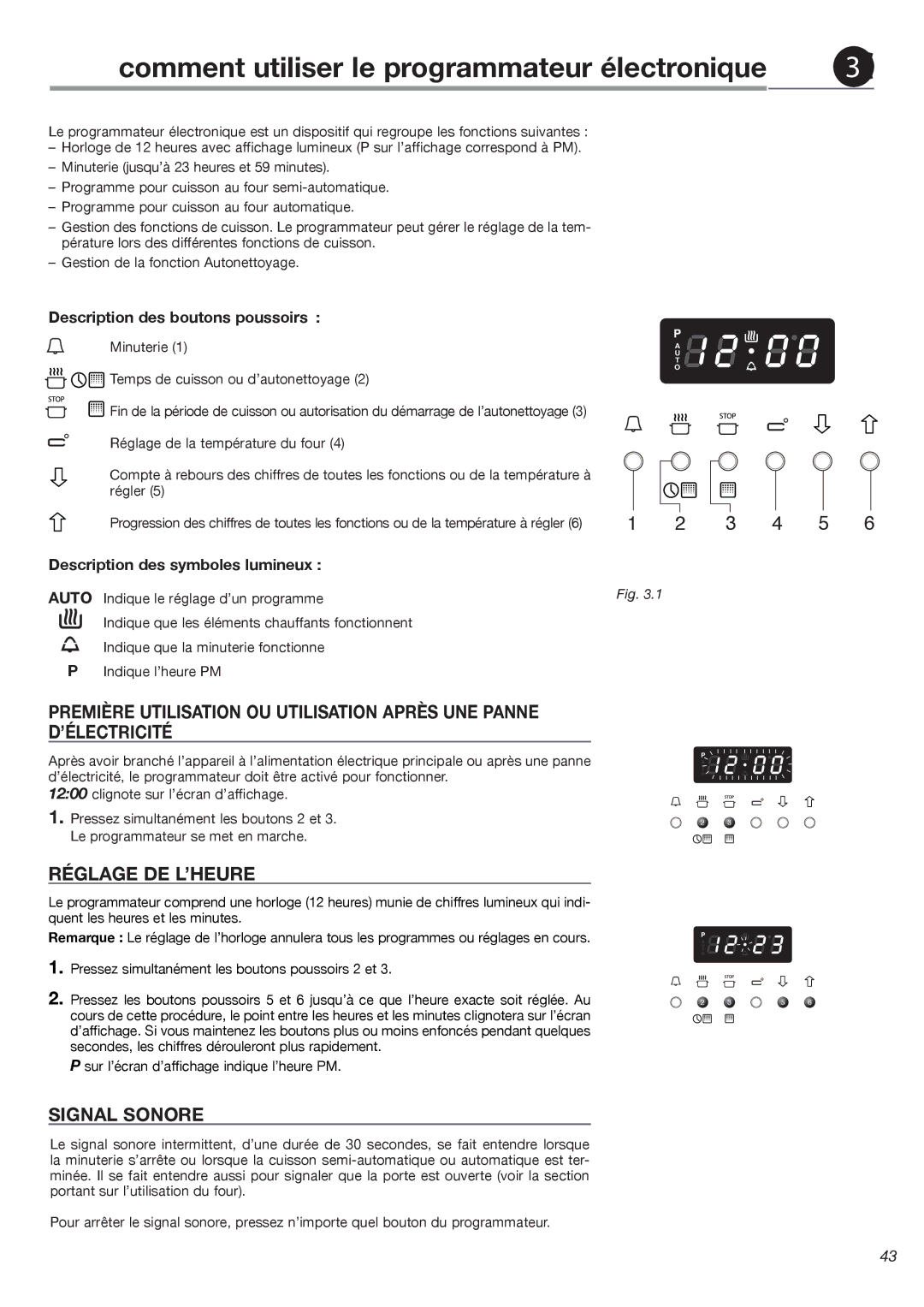 Fisher & Paykel OB24SDPX Comment utiliser le programmateur électronique, Réglage DE L’HEURE, Signal Sonore 