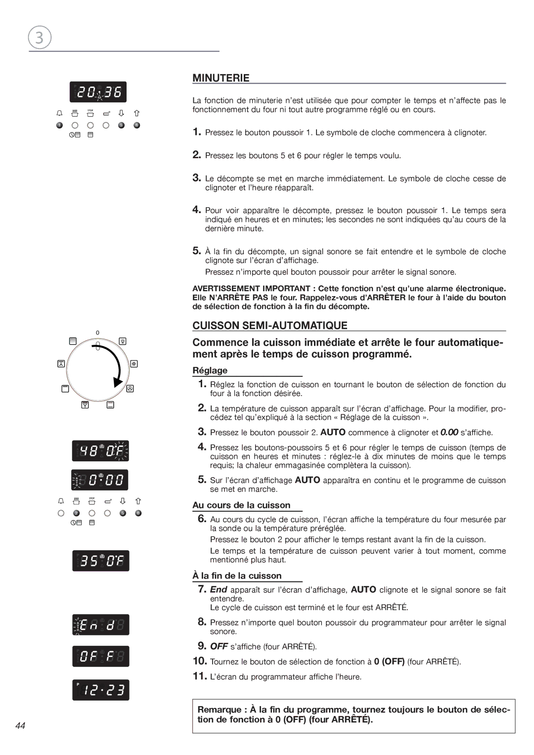 Fisher & Paykel OB24SDPX Minuterie, Cuisson SEMI-AUTOMATIQUE, Réglage, Au cours de la cuisson, La fin de la cuisson 