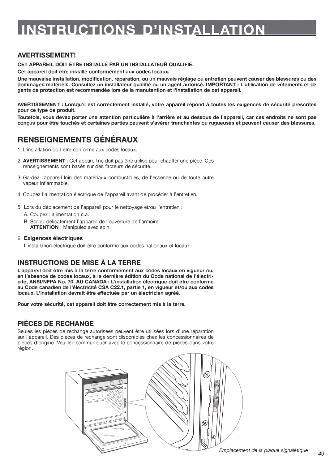 Fisher & Paykel OB24SDPX Avertissement, Instructions DE Mise À LA Terre, Pièces DE Rechange, Exigences électriques 