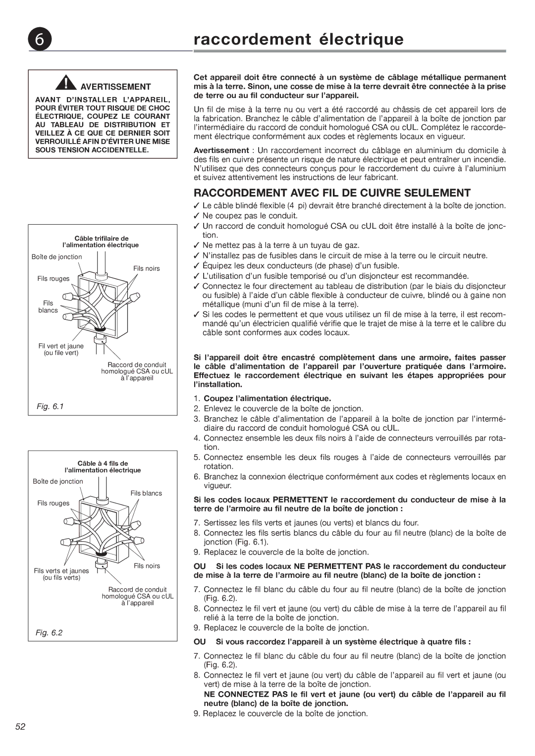 Fisher & Paykel OB24SDPX installation instructions Raccordement électrique, Raccordement Avec FIL DE Cuivre Seulement 