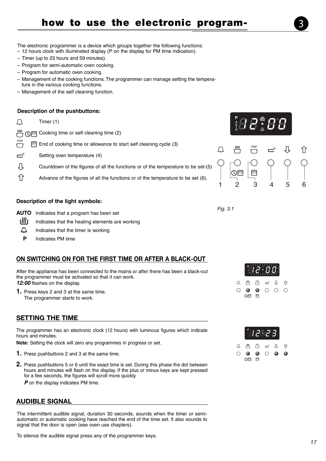 Fisher & Paykel OB24SDPX How to use the electronic program, On Switching on for the First Time or After a BLACK-OUT 