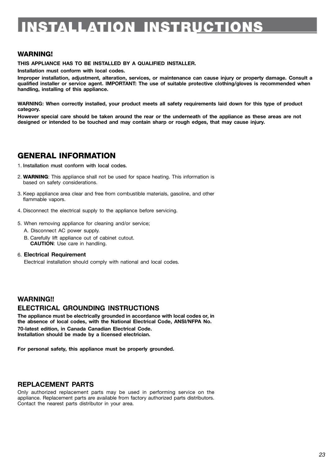 Fisher & Paykel OB24SDPX Electrical Grounding Instructions, Replacement Parts, Electrical Requirement 