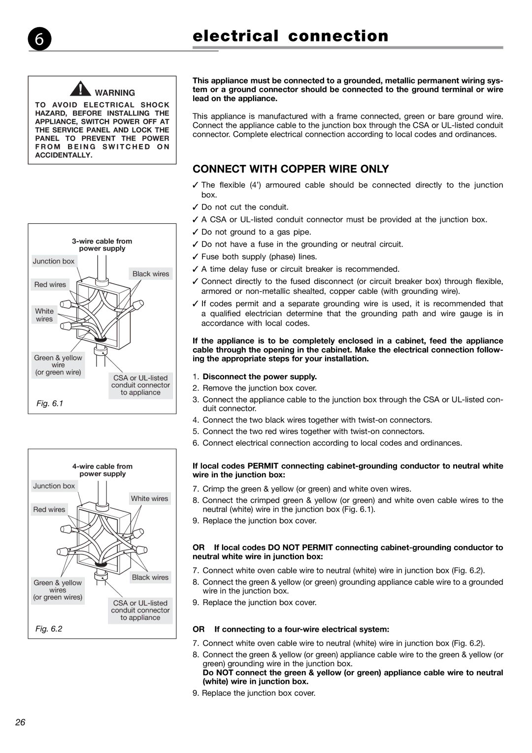 Fisher & Paykel OB24SDPX Connect with Copper Wire only, Or If connecting to a four-wire electrical system 