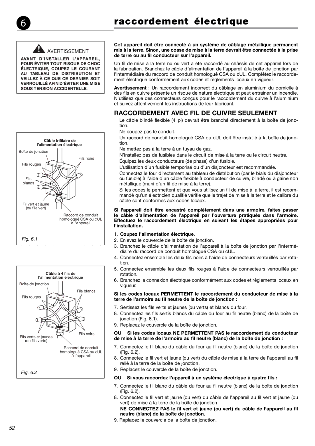 Fisher & Paykel OB24SDPX installation instructions Raccordement électrique, Raccordement Avec FIL DE Cuivre Seulement 