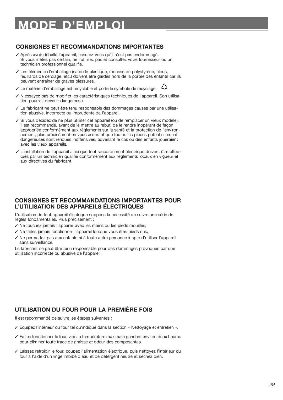 Fisher & Paykel OB24SDPX installation instructions Mode D’Emploi, Consignes Et Recommandations Importantes 