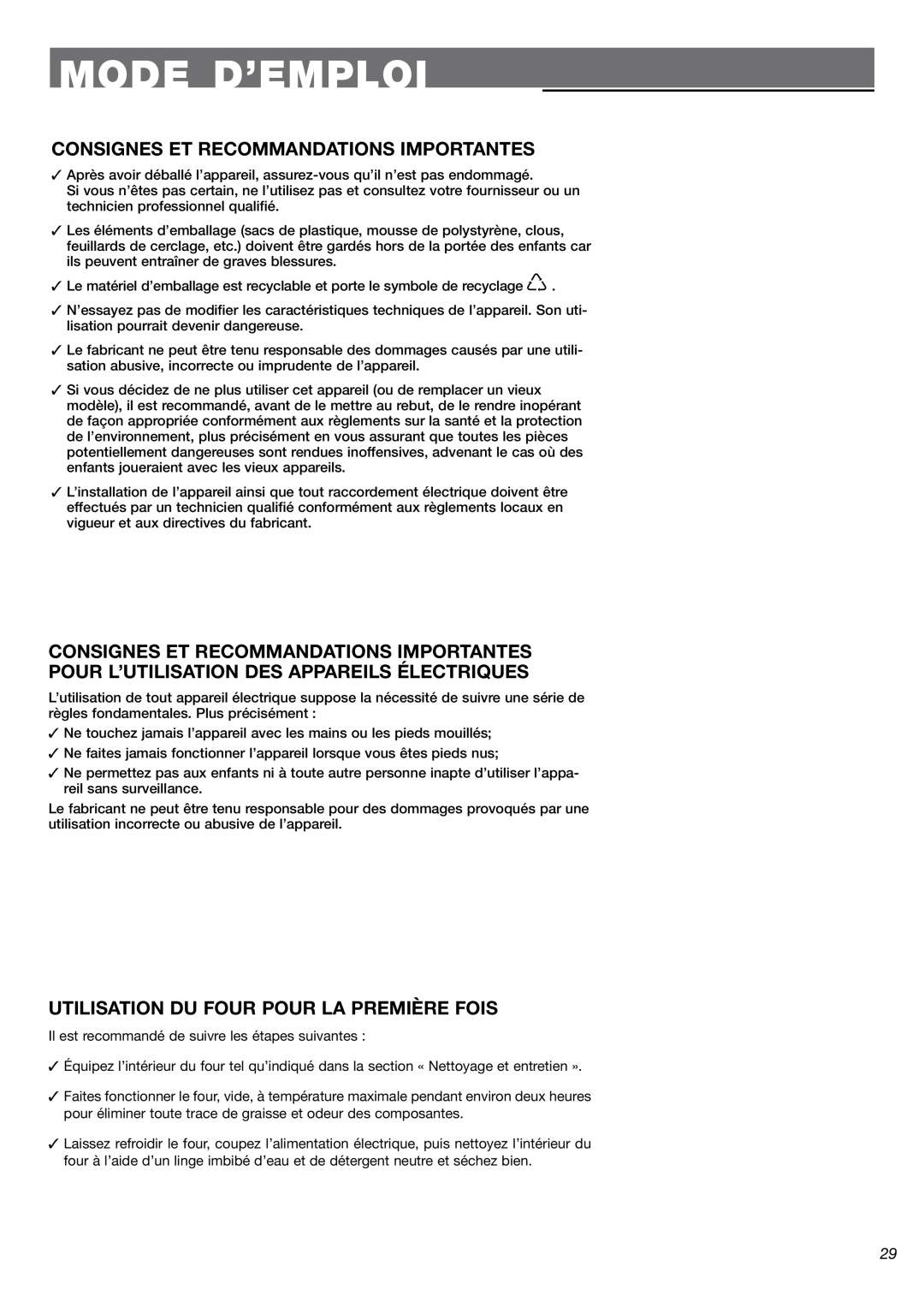 Fisher & Paykel OB24SDPX installation instructions Mode D’Emploi, Consignes Et Recommandations Importantes 