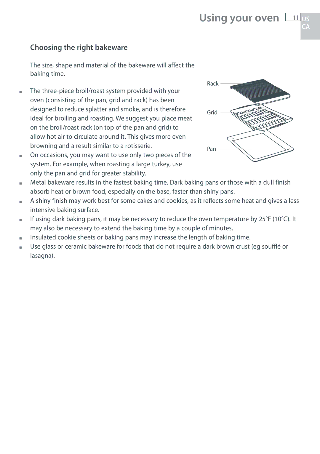 Fisher & Paykel OB30 manual Choosing the right bakeware, Us Ca 