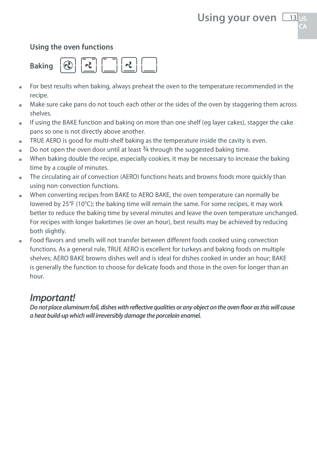 Fisher & Paykel OB30 manual Using the oven functions Baking 