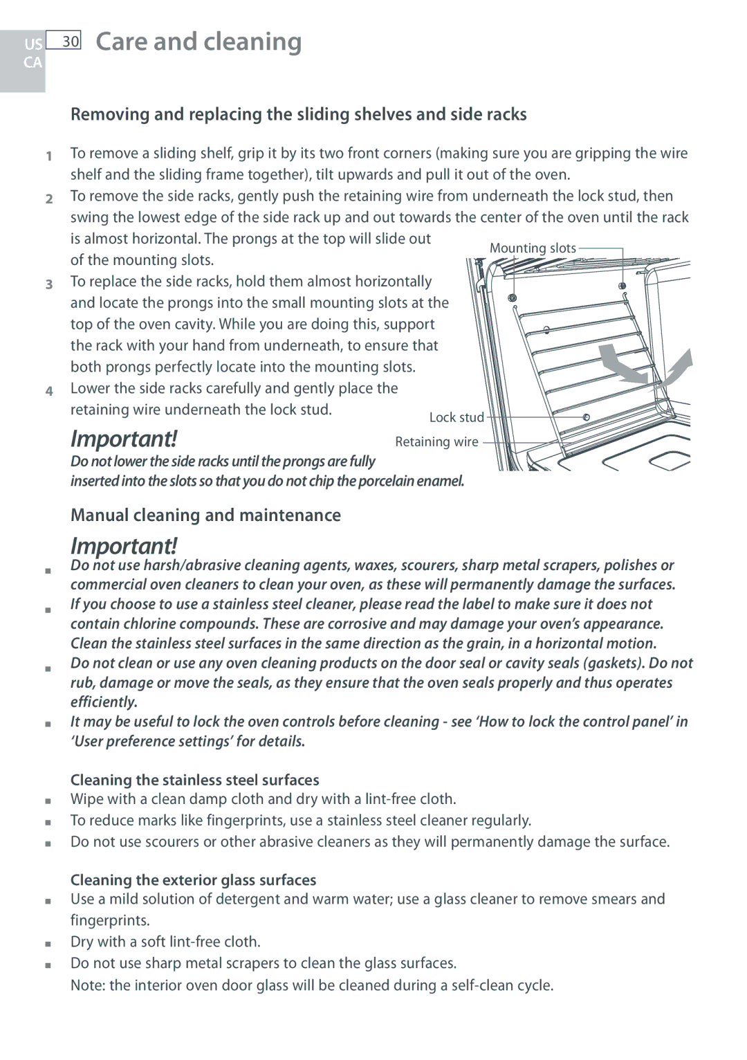 Fisher & Paykel OB30 manual Care and cleaning, Removing and replacing the sliding shelves and side racks 