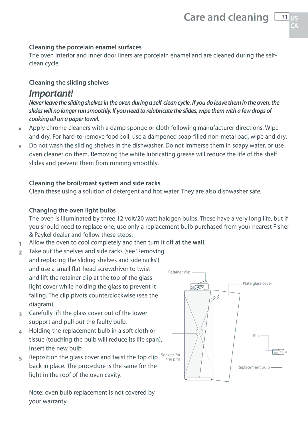 Fisher & Paykel OB30 manual Care and cleaning 31 US, Cleaning the porcelain enamel surfaces, Cleaning the sliding shelves 