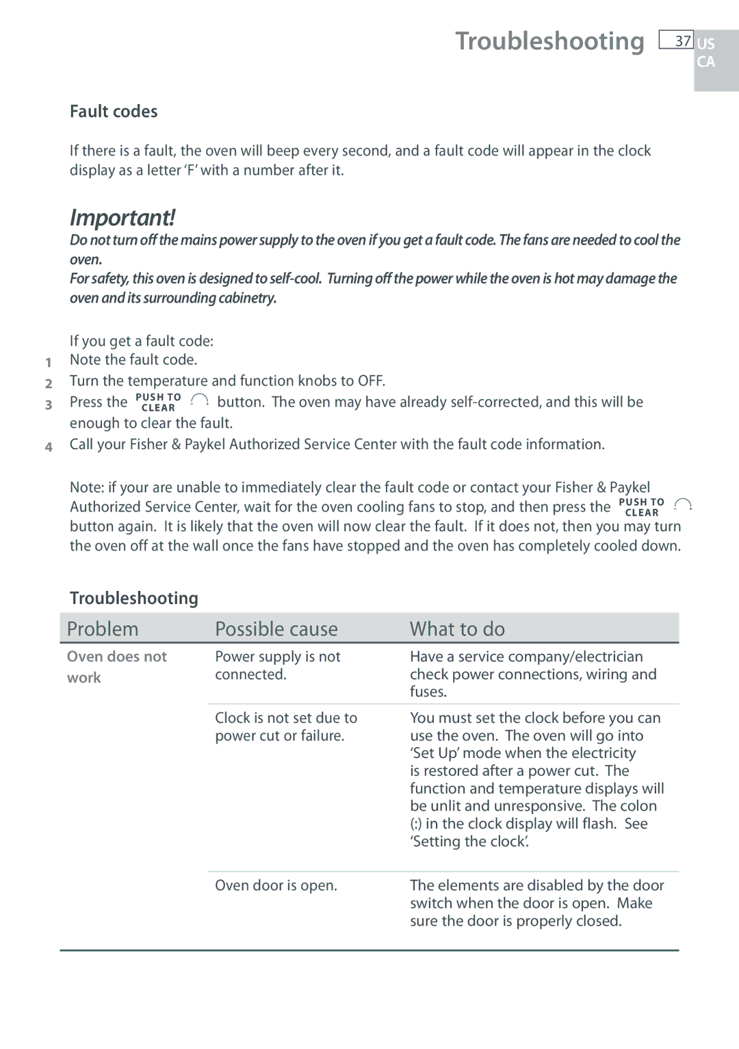 Fisher & Paykel OB30 manual Troubleshooting, Fault codes 