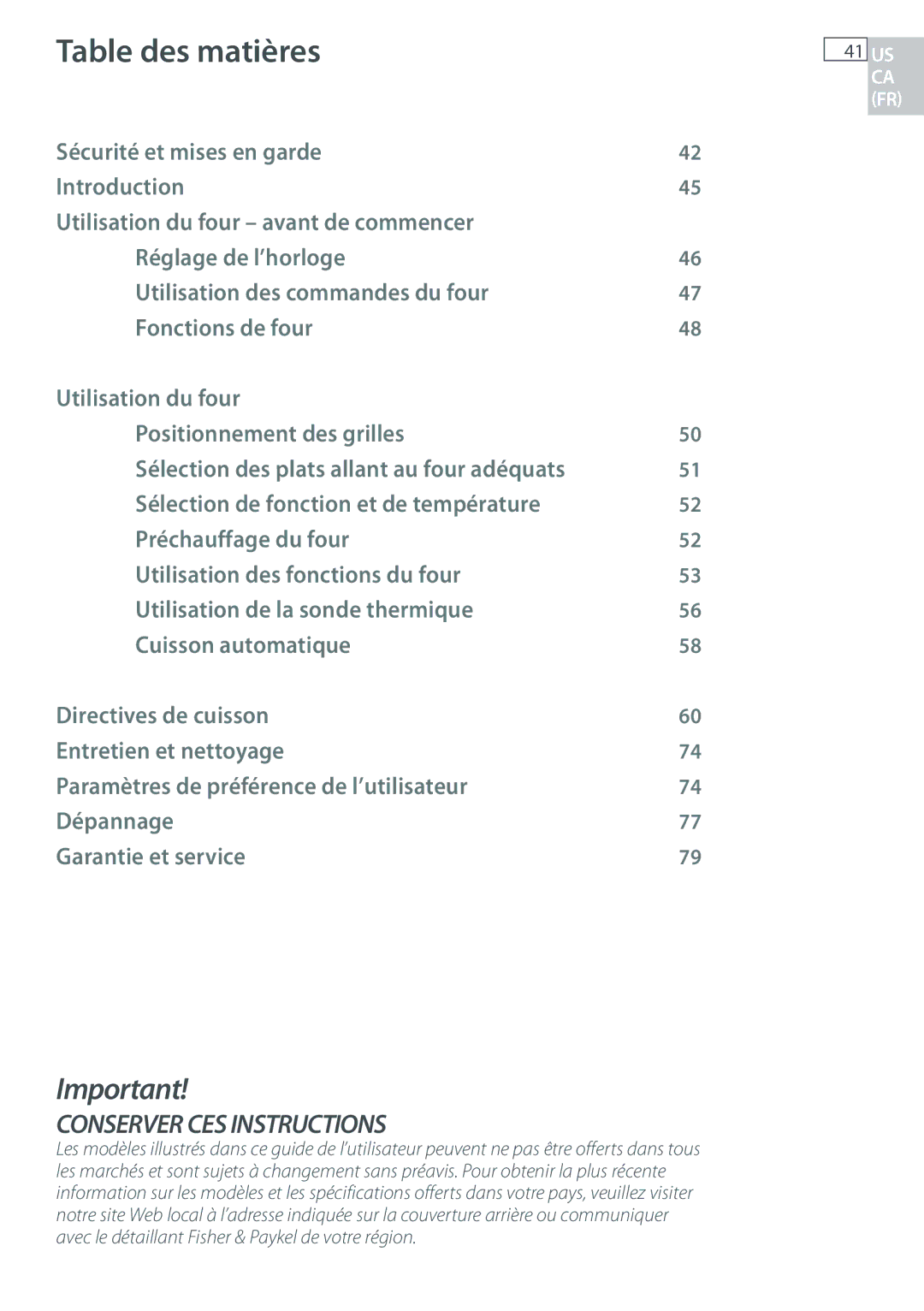 Fisher & Paykel OB30 manual Table des matières 