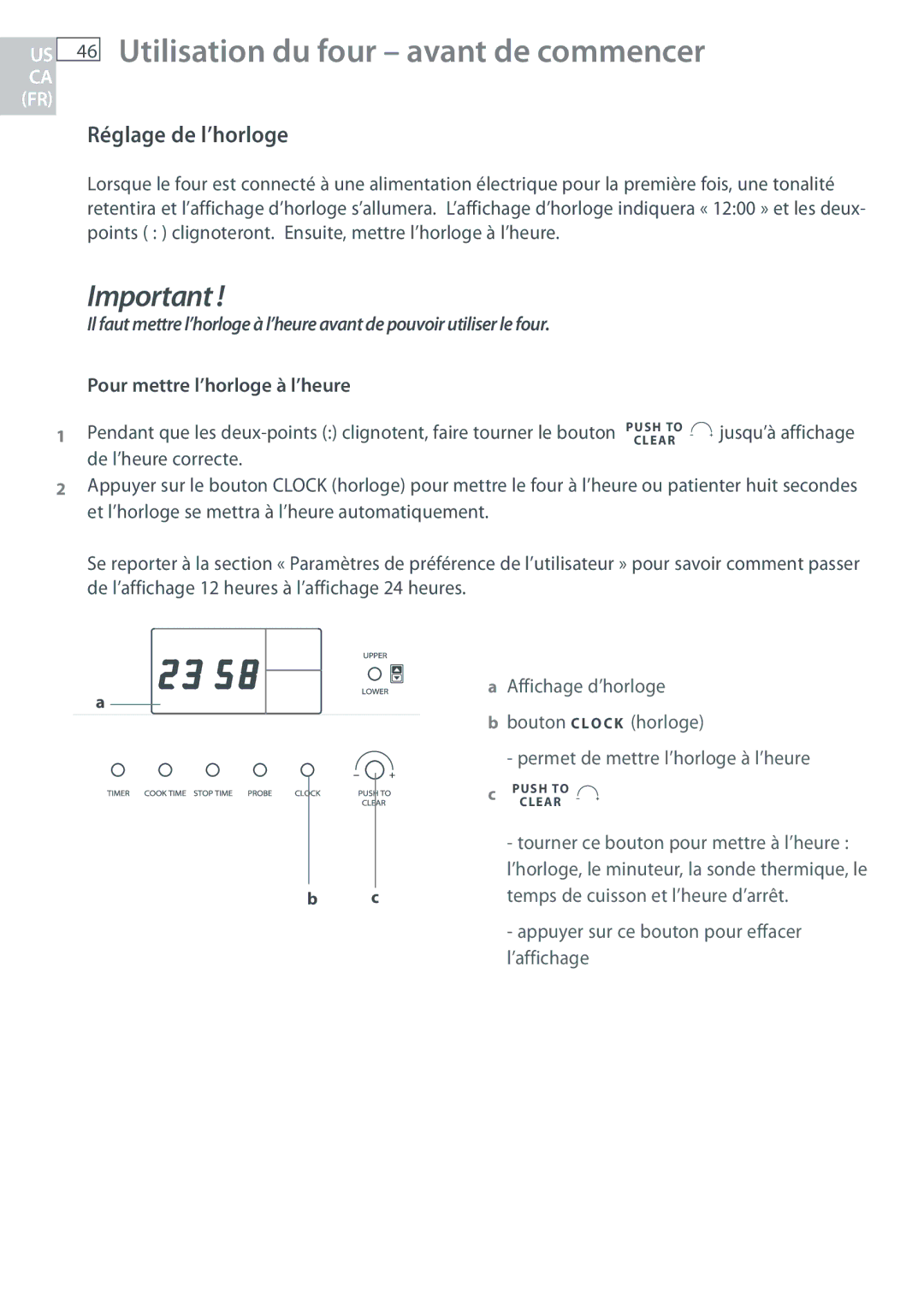 Fisher & Paykel OB30 manual Utilisation du four avant de commencer, Réglage de l’horloge, Pour mettre l’horloge à l’heure 