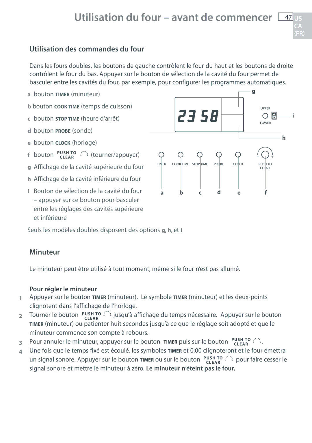 Fisher & Paykel OB30 manual Utilisation des commandes du four, Minuteur, Bouton de sélection de la cavité du four 