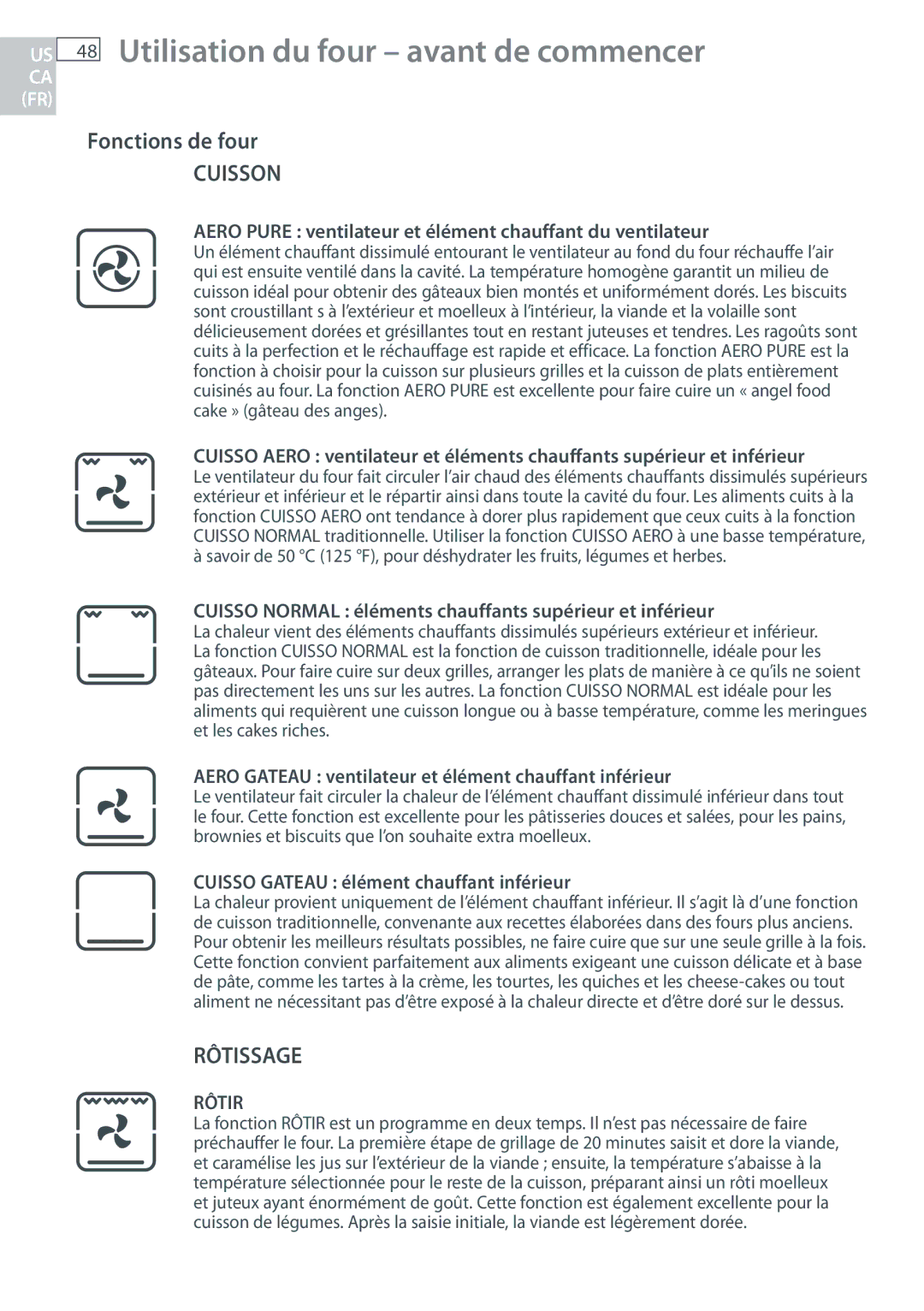 Fisher & Paykel OB30 manual Fonctions de four, Aero Pure ventilateur et élément chauffant du ventilateur 