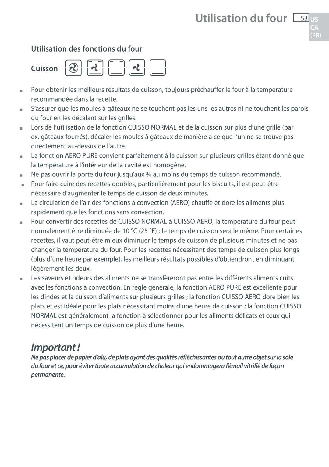 Fisher & Paykel OB30 manual Utilisation des fonctions du four Cuisson 