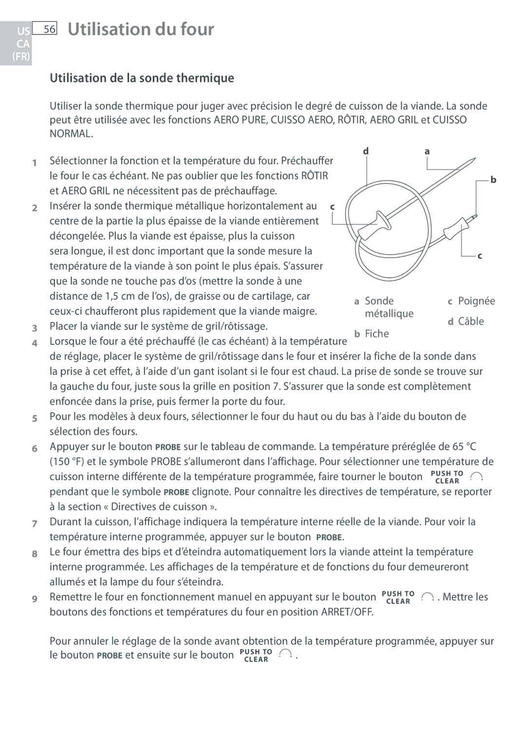 Fisher & Paykel OB30 manual Utilisation de la sonde thermique, Et Aero Gril ne nécessitent pas de préchauffage 