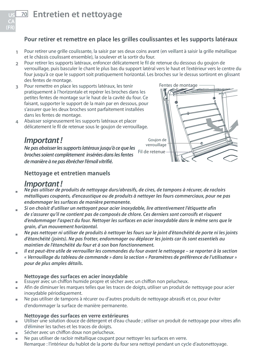 Fisher & Paykel OB30 Entretien et nettoyage, Nettoyage et entretien manuels, Nettoyage des surfaces en acier inoxydable 