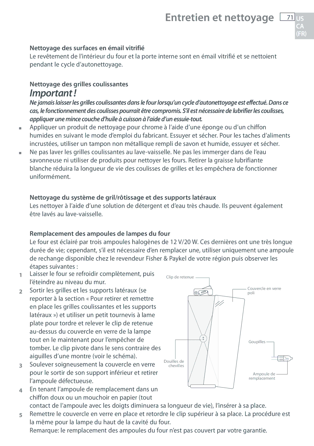 Fisher & Paykel OB30 manual Entretien et nettoyage 71 US, Nettoyage des surfaces en émail vitrifié 