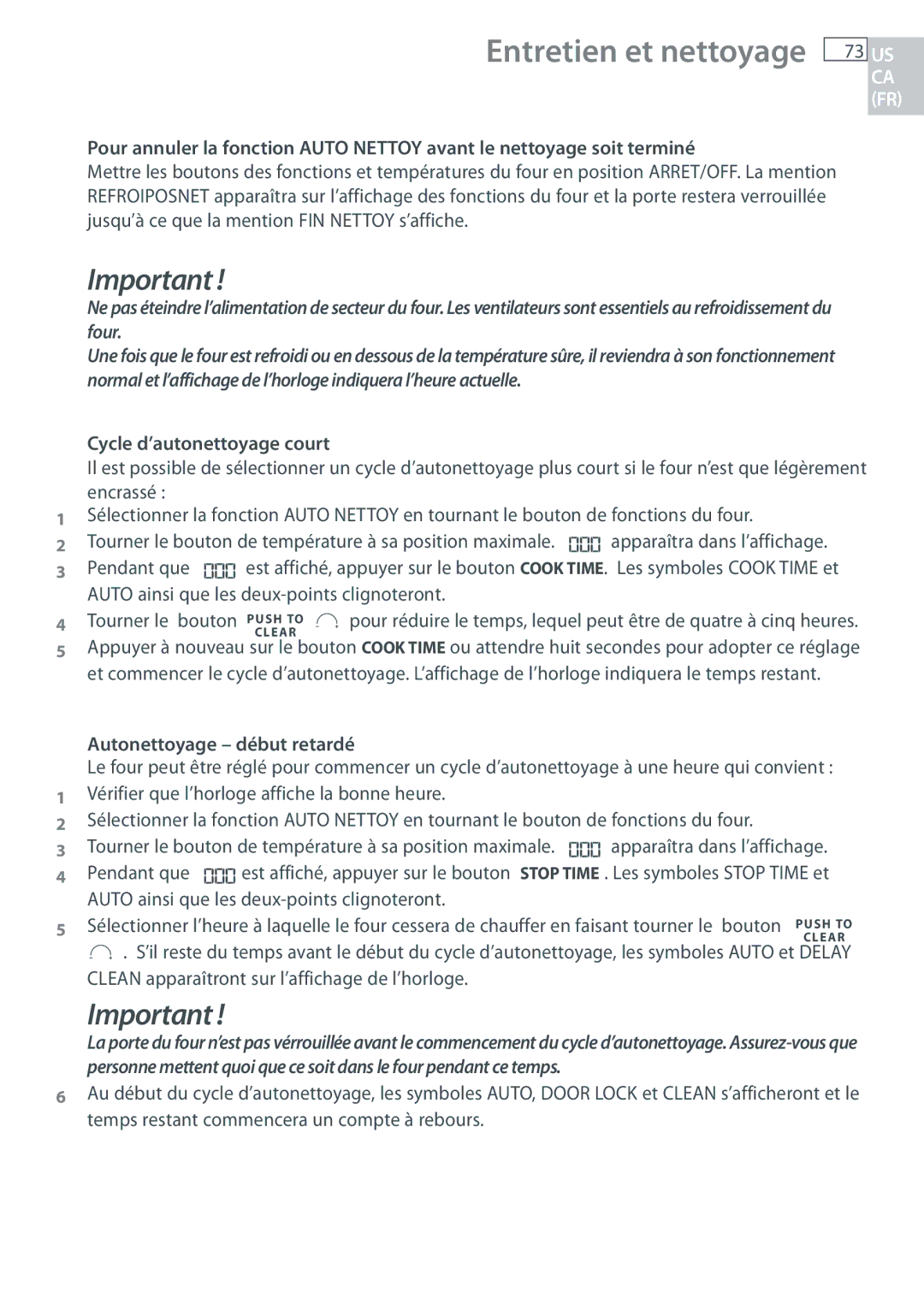 Fisher & Paykel OB30 manual Entretien et nettoyage 73 US, Cycle d’autonettoyage court, Autonettoyage début retardé 