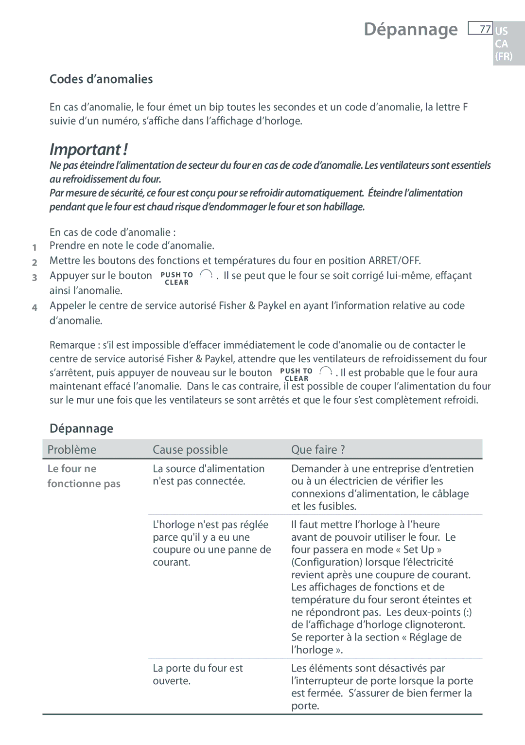 Fisher & Paykel OB30 manual Dépannage, Codes d’anomalies 