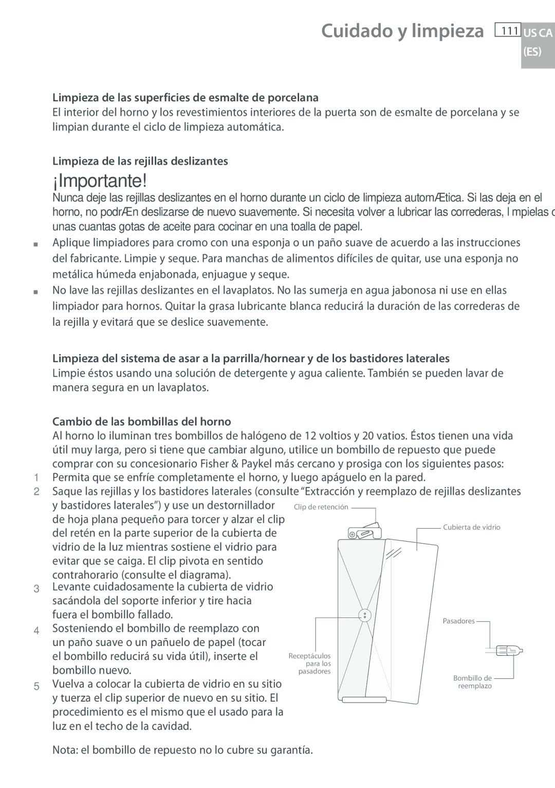 Fisher & Paykel OB30 manual Cuidado y limpieza 111 US CA, Limpieza de las superficies de esmalte de porcelana 