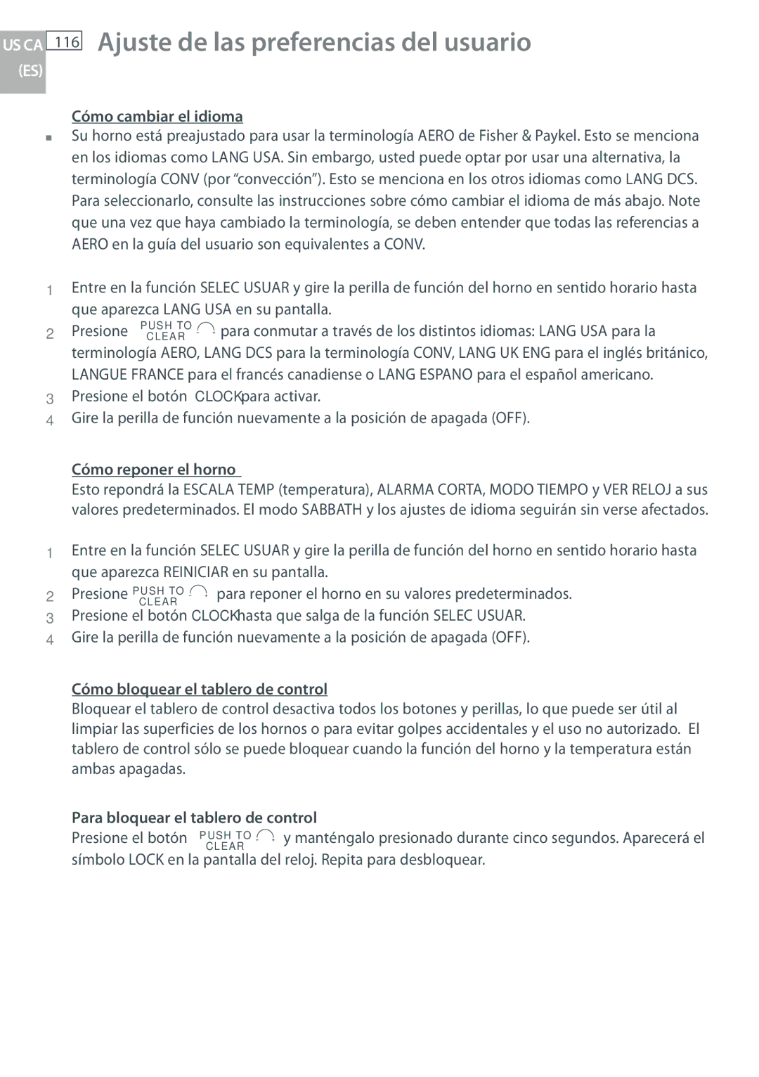 Fisher & Paykel OB30 manual 116, Cómo cambiar el idioma, Cómo reponer el horno, Cómo bloquear el tablero de control 