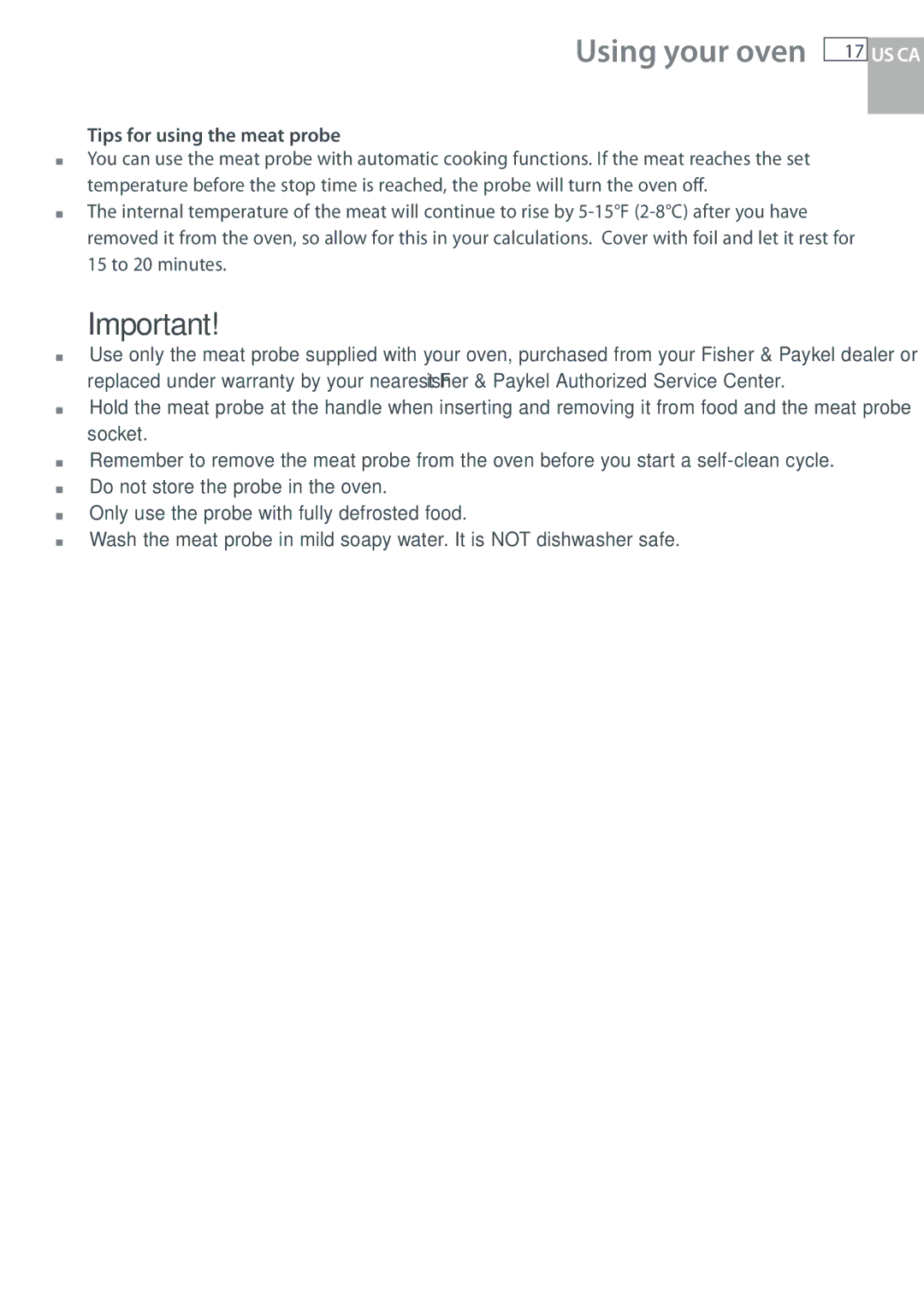 Fisher & Paykel OB30 manual Tips for using the meat probe 