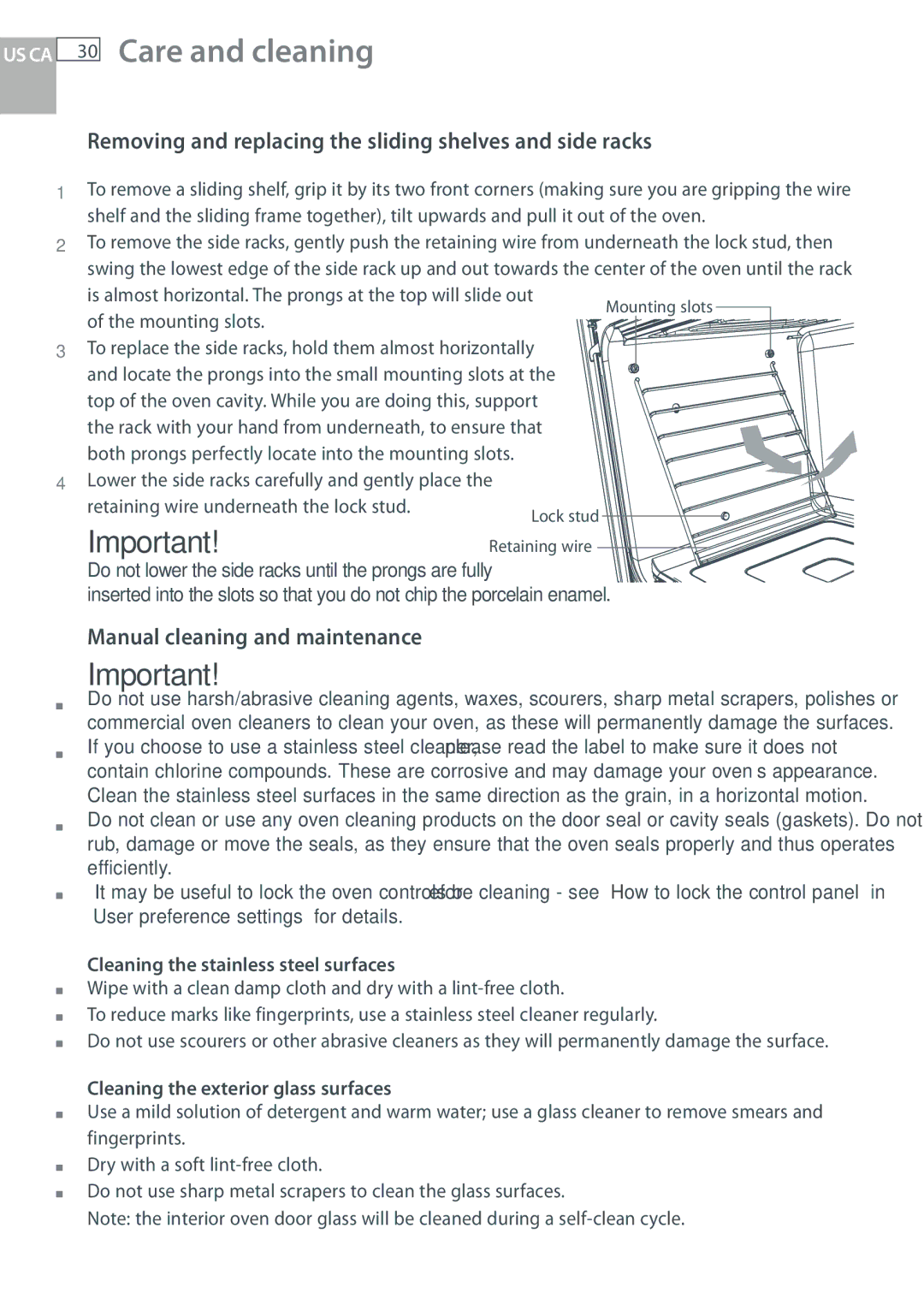 Fisher & Paykel OB30 manual Care and cleaning, Removing and replacing the sliding shelves and side racks 