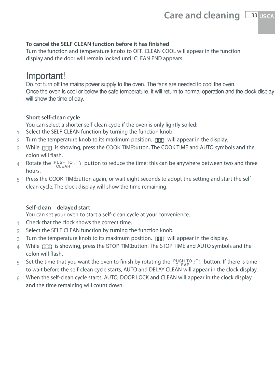 Fisher & Paykel OB30 manual To cancel the Self Clean function before it has finished, Short self-clean cycle, Rotate 