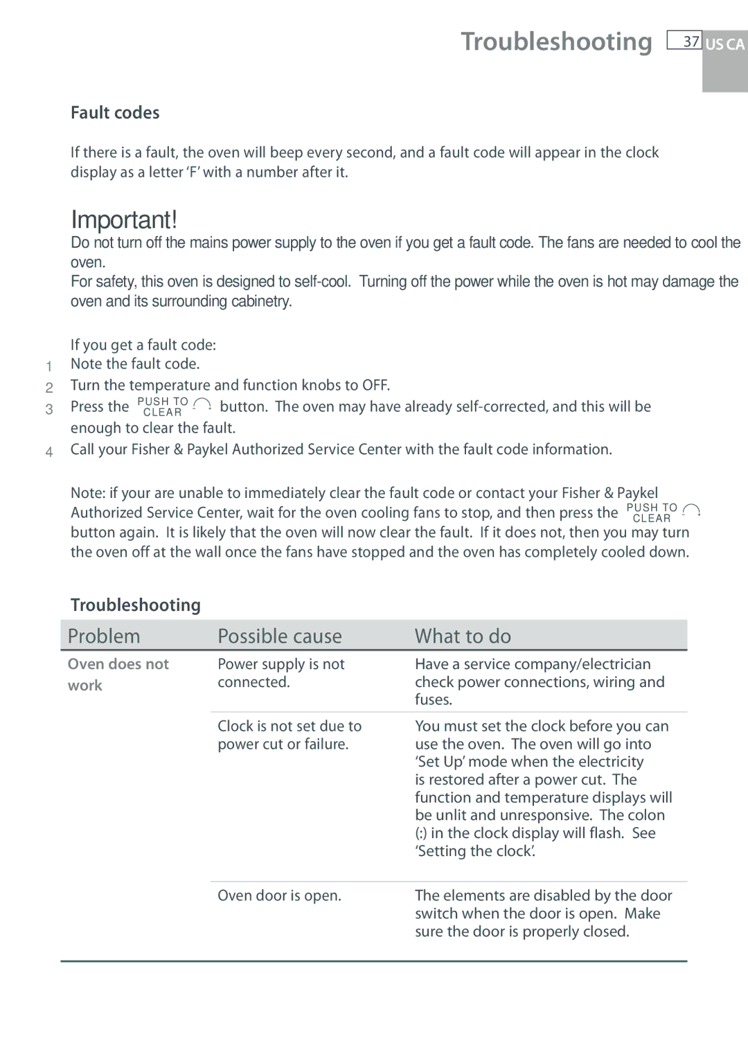 Fisher & Paykel OB30 manual Troubleshooting, Fault codes 