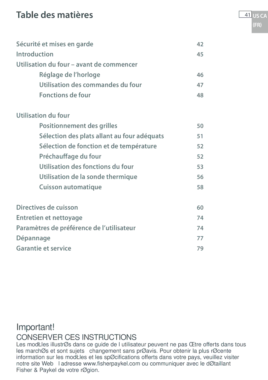 Fisher & Paykel OB30 manual Table des matières 