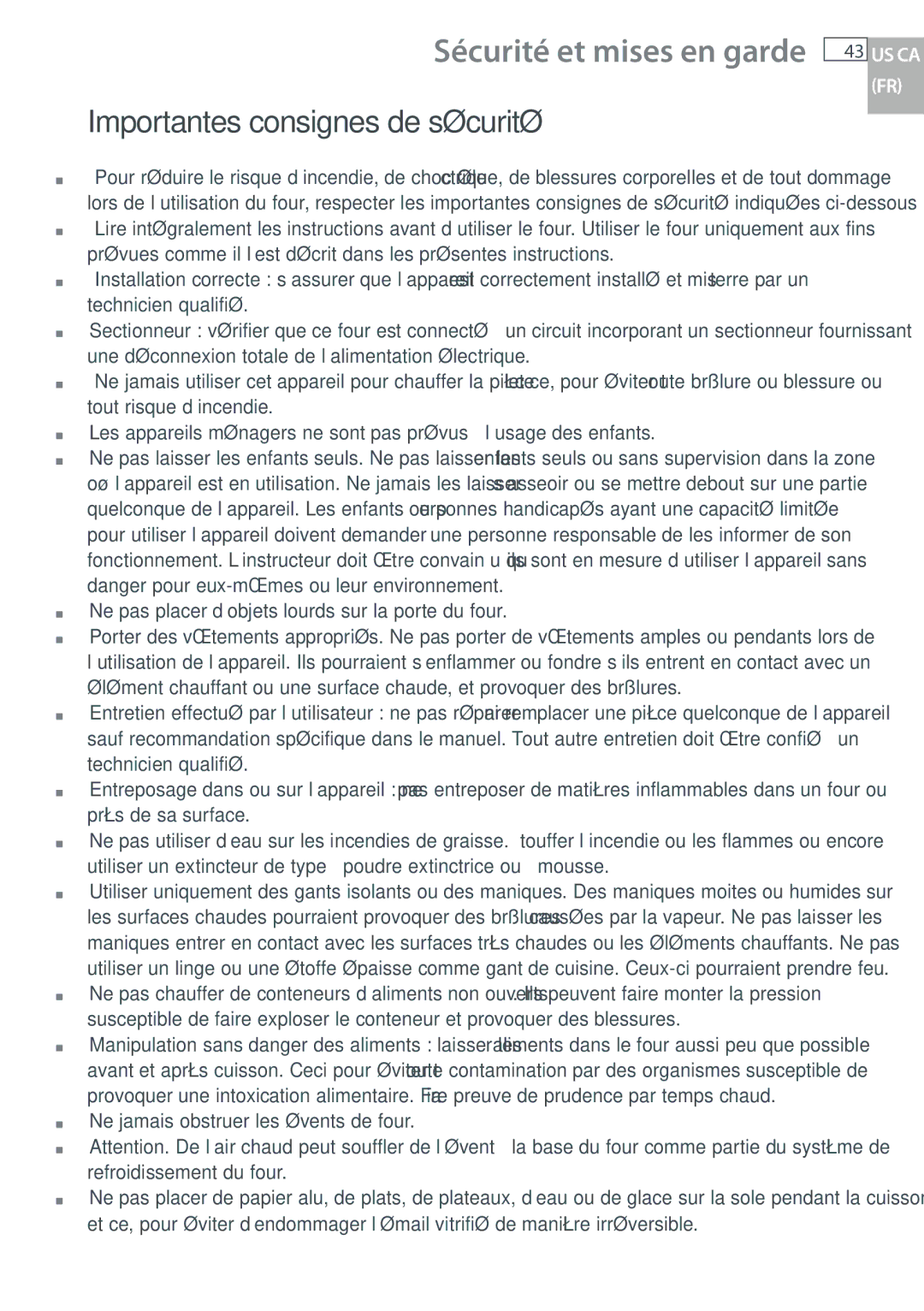 Fisher & Paykel OB30 manual Sécurité et mises en garde, Importantes consignes de sécurité 