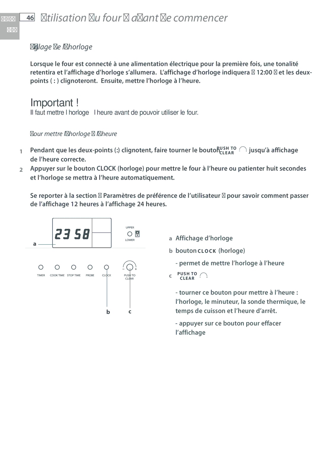 Fisher & Paykel OB30 manual Utilisation du four avant de commencer, Réglage de l’horloge, Pour mettre l’horloge à l’heure 