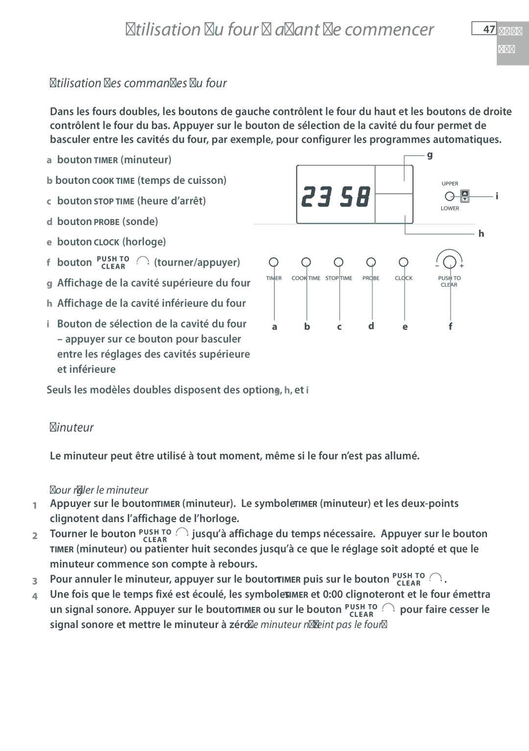 Fisher & Paykel OB30 manual Utilisation des commandes du four, Minuteur, Bouton de sélection de la cavité du four 