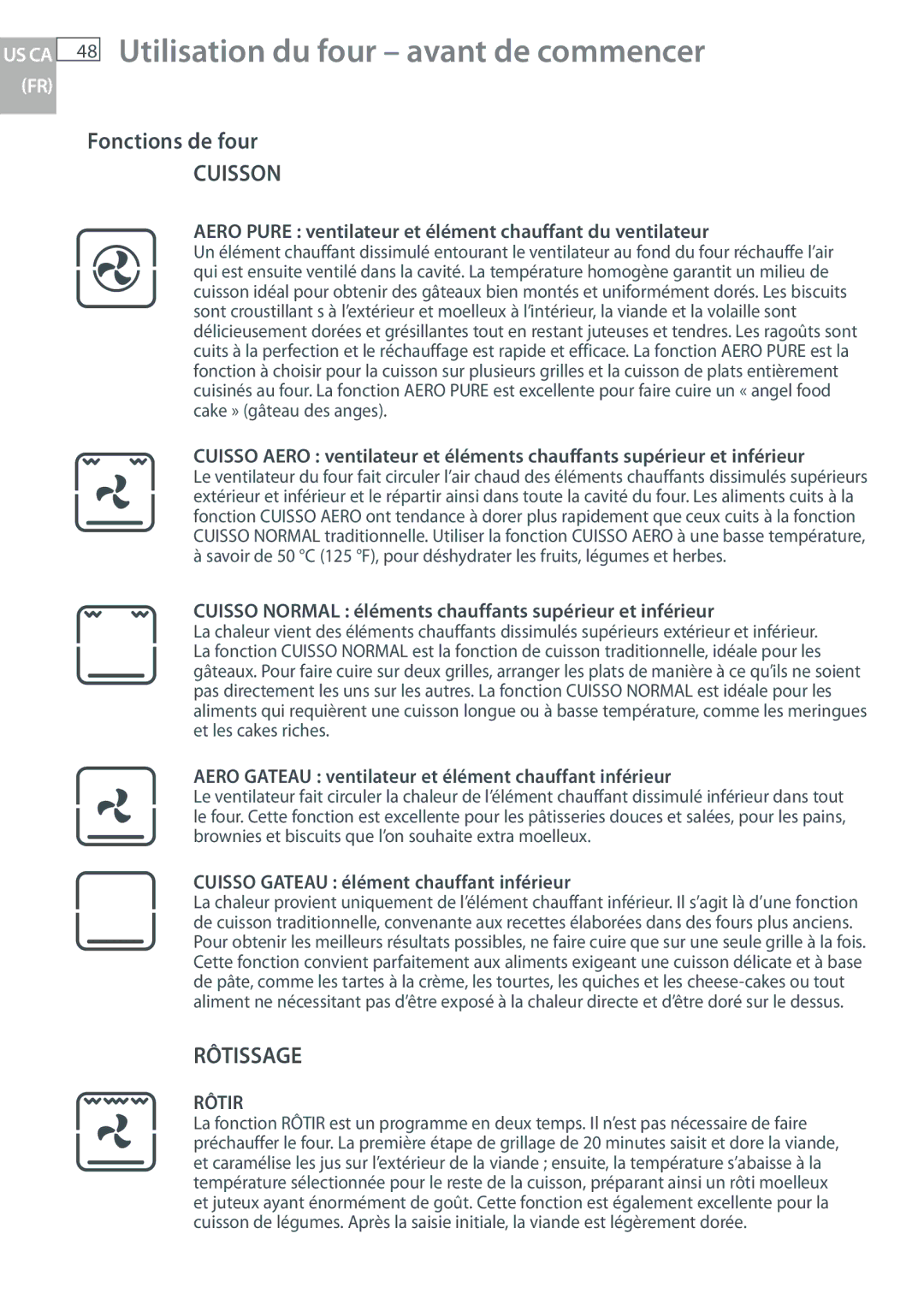 Fisher & Paykel OB30 manual Fonctions de four, Aero Pure ventilateur et élément chauffant du ventilateur 