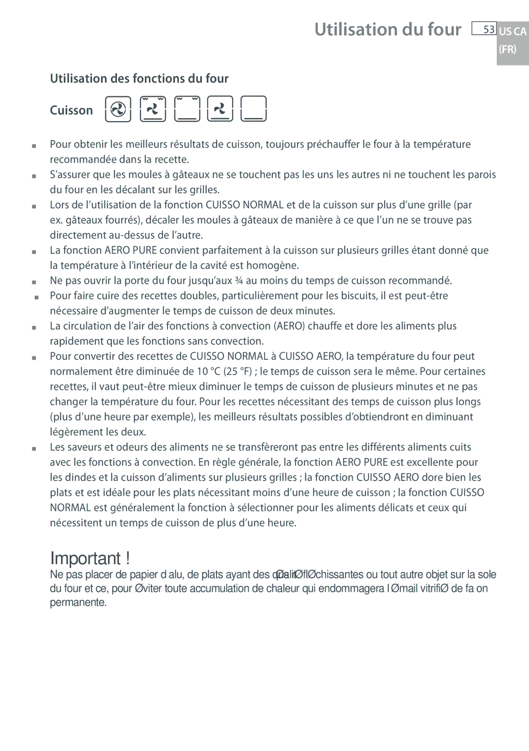 Fisher & Paykel OB30 manual Utilisation des fonctions du four Cuisson 