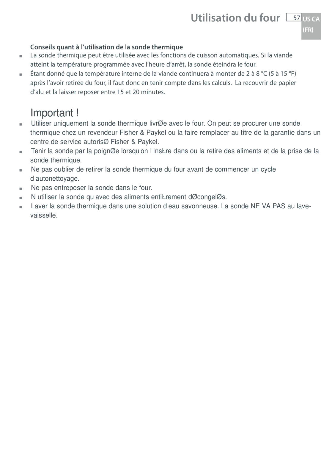 Fisher & Paykel OB30 manual Conseils quant à l’utilisation de la sonde thermique 