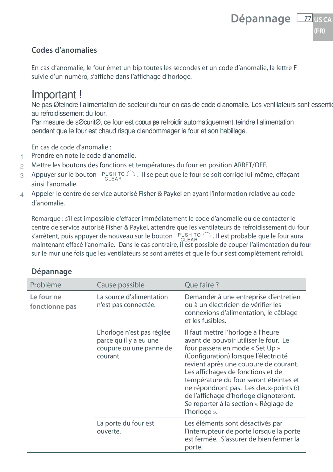 Fisher & Paykel OB30 manual Dépannage, Codes d’anomalies 