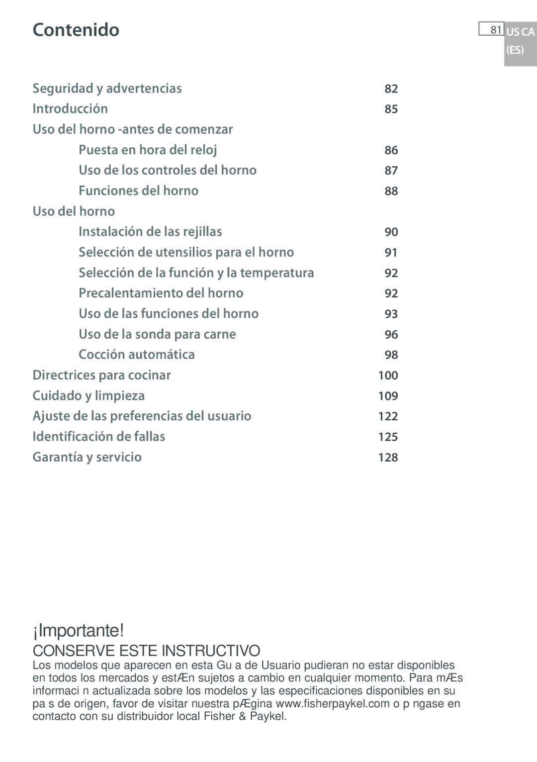 Fisher & Paykel OB30 manual Contenido 