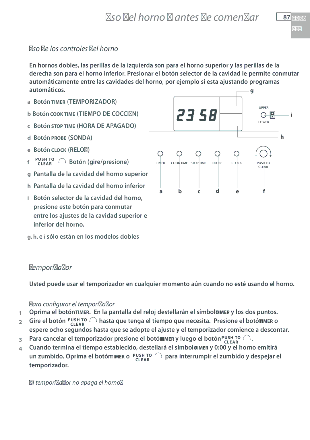 Fisher & Paykel OB30 manual Uso de los controles del horno, Temporizador, Automáticos, Para configurar el temporizador 