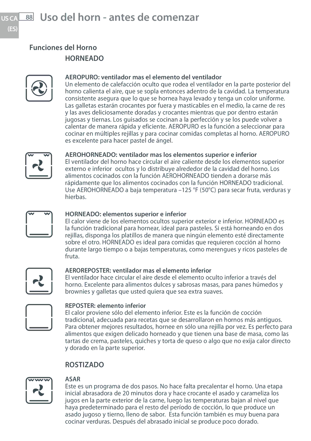 Fisher & Paykel OB30 manual Uso del horn antes de comenzar, Funciones del Horno 