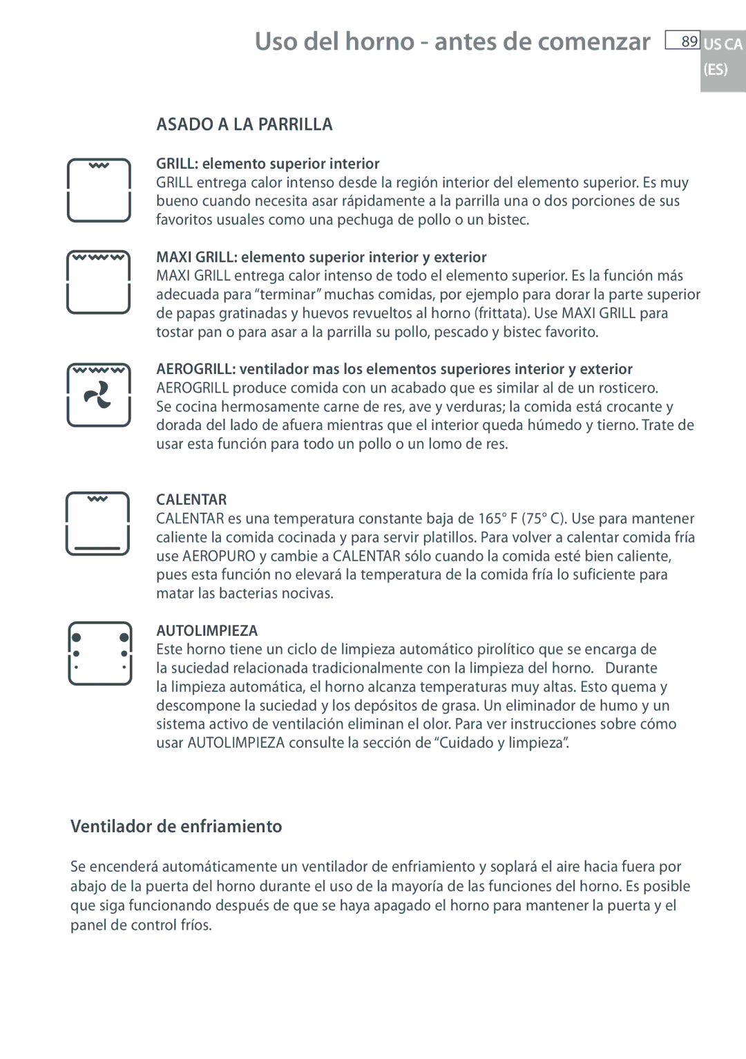 Fisher & Paykel OB30 manual Ventilador de enfriamiento, Grill elemento superior interior 