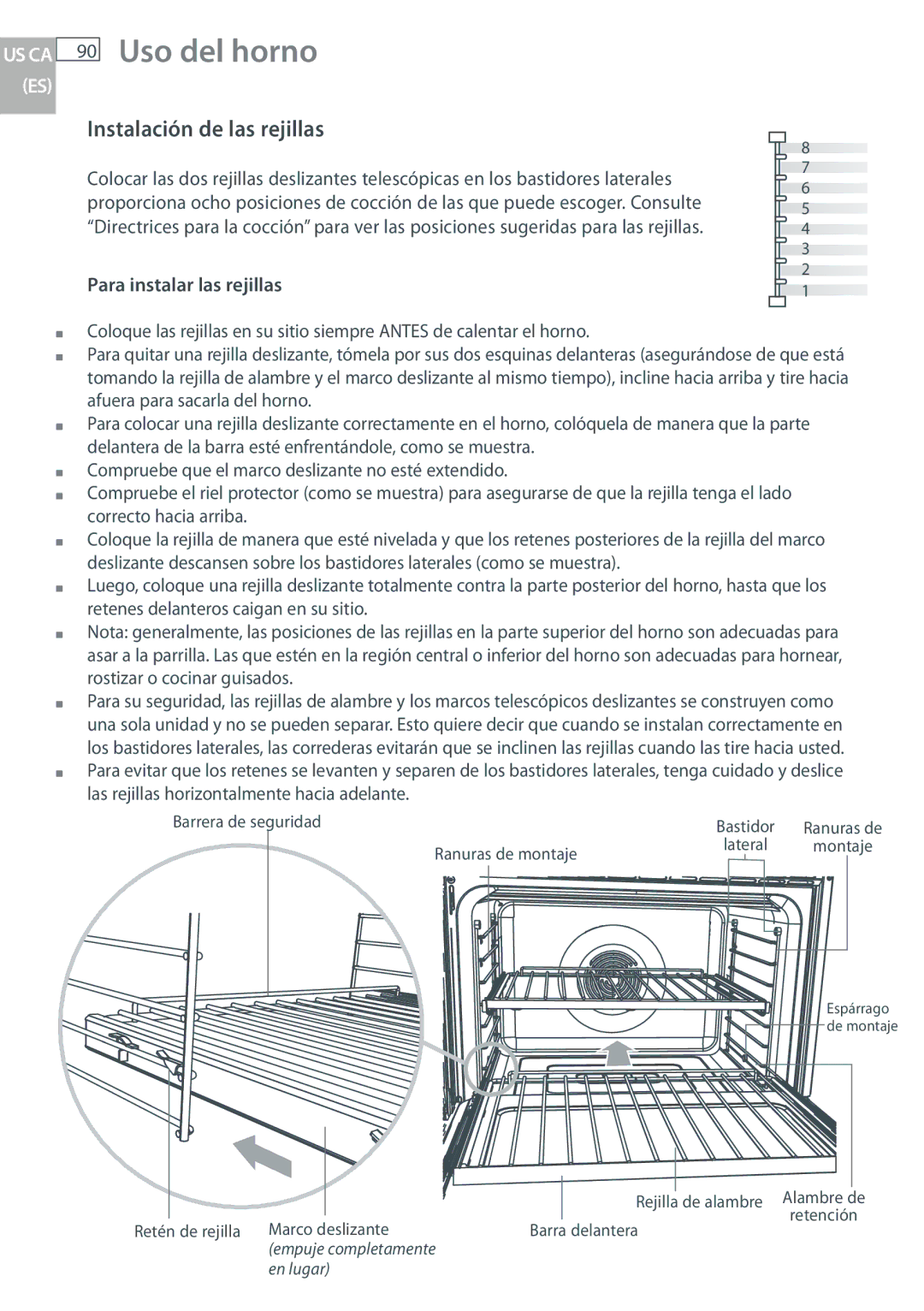 Fisher & Paykel OB30 manual Uso del horno, Instalación de las rejillas, Para instalar las rejillas 