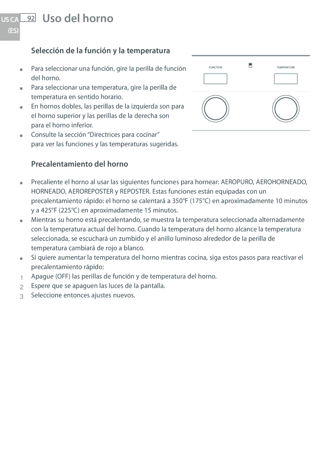 Fisher & Paykel OB30 manual Selección de la función y la temperatura, Precalentamiento del horno 