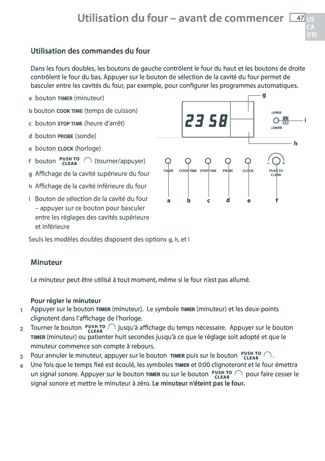 Fisher & Paykel OB30 manual Utilisation du four - avant de commencer, Utilisation des commandes du four, Minuteur 