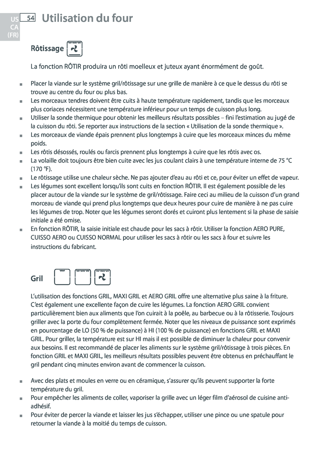 Fisher & Paykel OB30 manual 54Utilisation du four, Rôtissage, Gril 