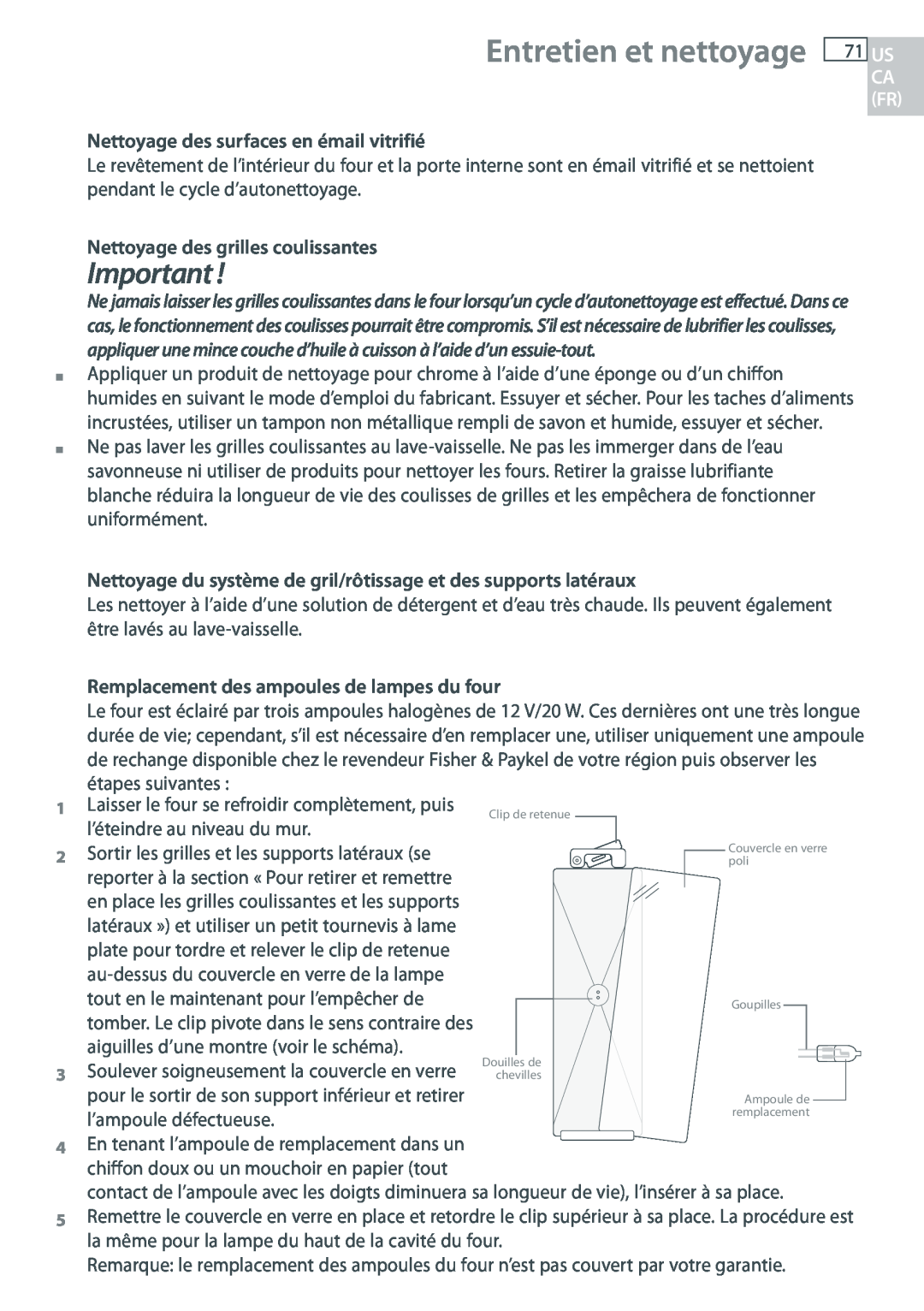 Fisher & Paykel OB30 manual Entretien et nettoyage 71 US, Nettoyage des surfaces en émail vitrifié 