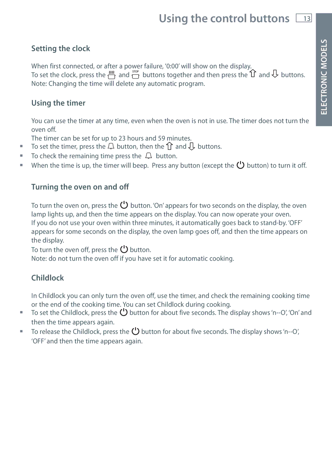 Fisher & Paykel OB60 installation instructions Setting the clock, Using the timer, Turning the oven on and off, Childlock 